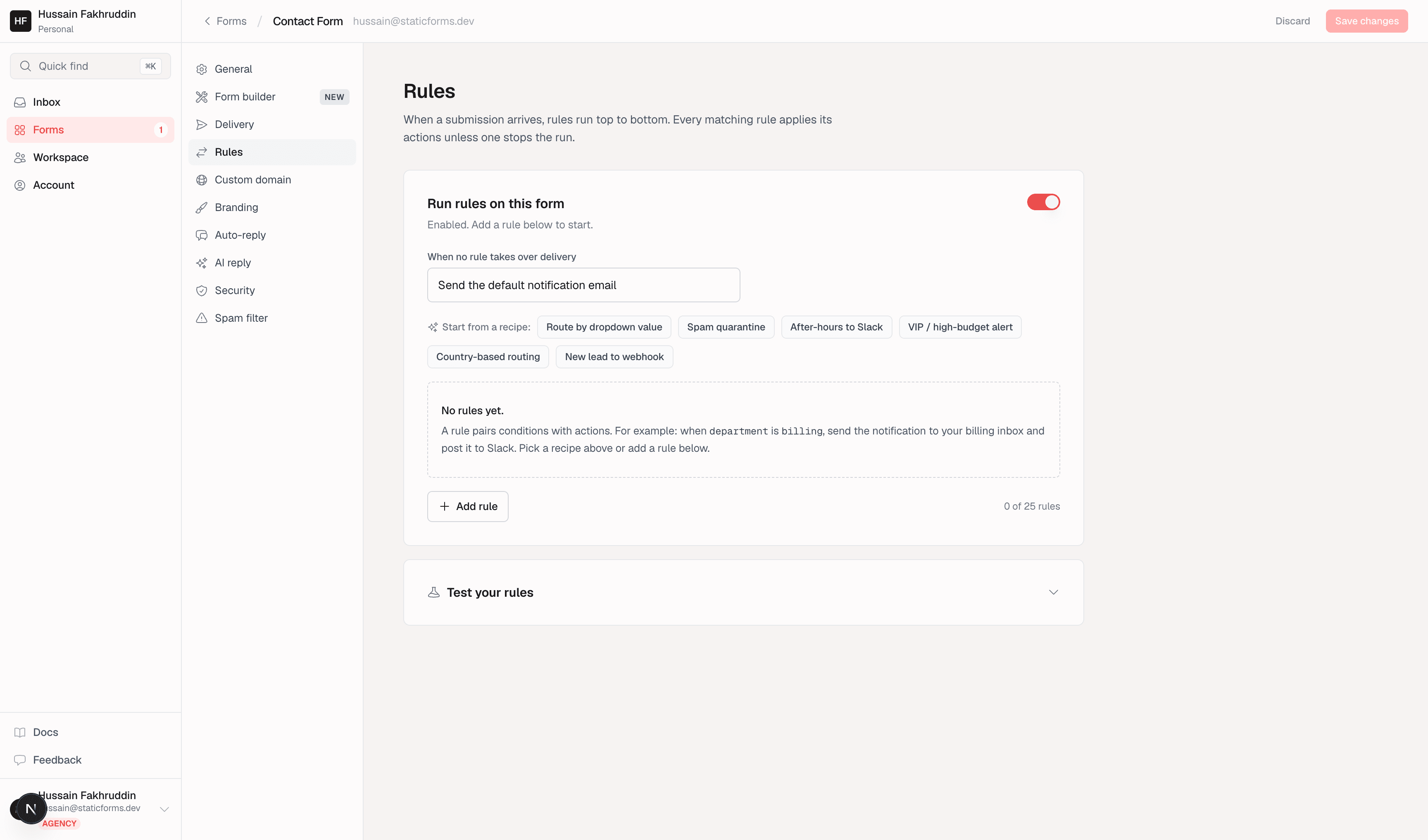 Rules tab with no rules configured yet, showing the enable toggle, default delivery behavior, and recipe shortcuts