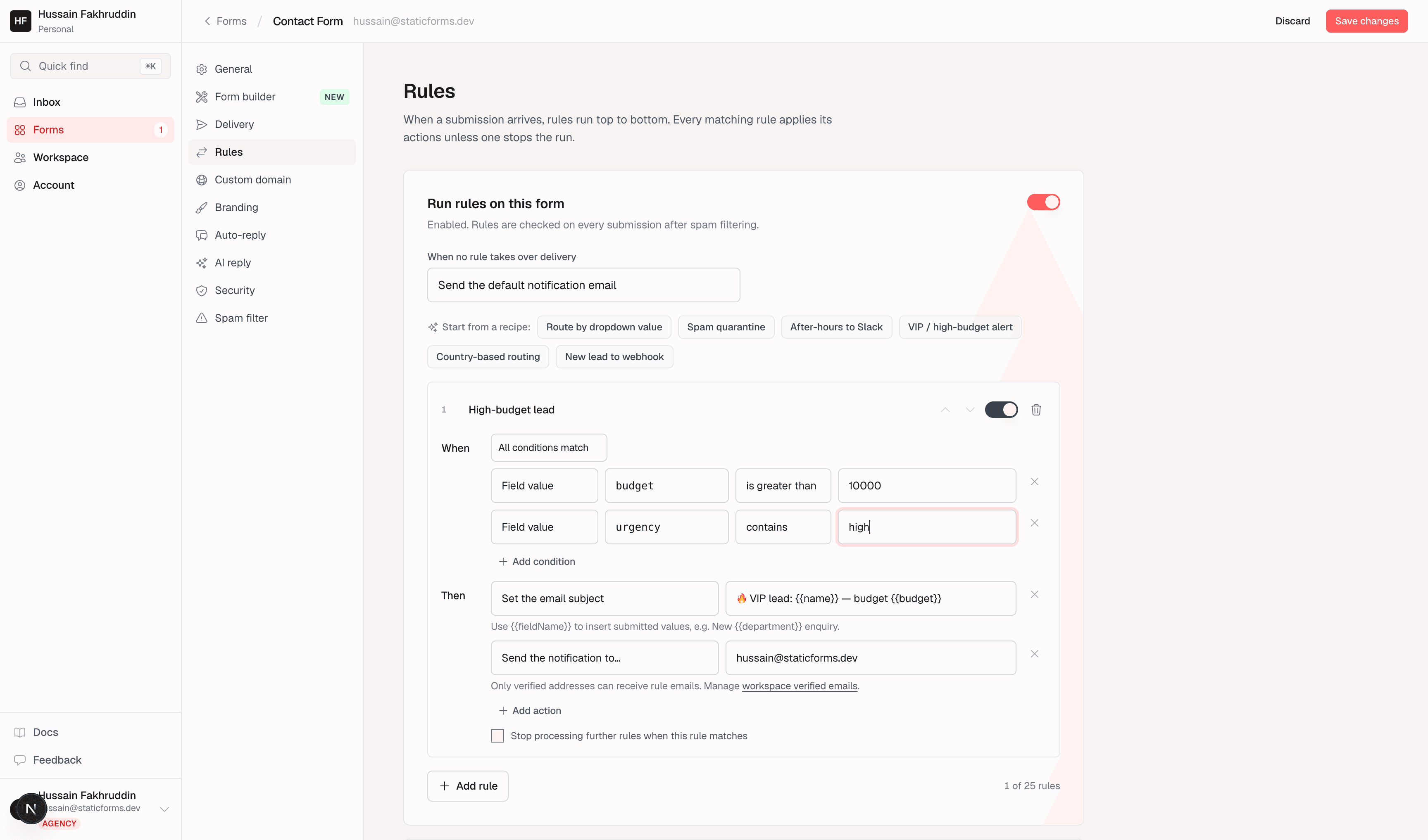 A configured rule named High-budget lead with two ALL-matched conditions (budget is greater than 10000, urgency contains high) and two actions (set the email subject, send the notification to)