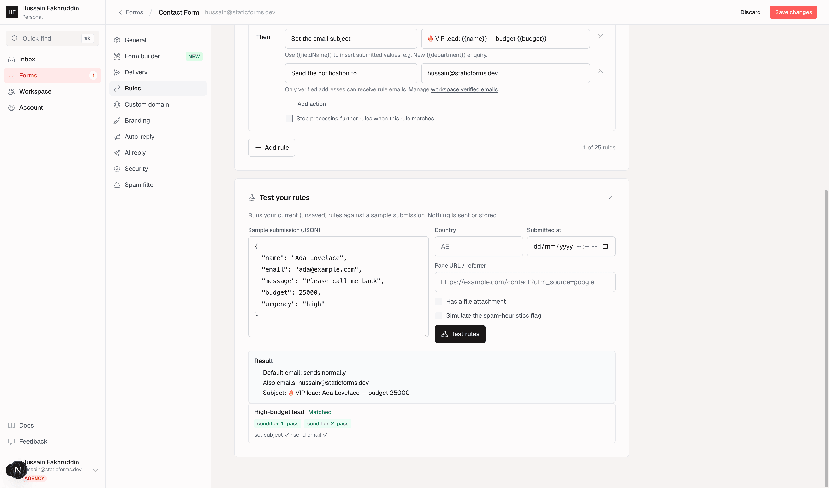 Test your rules panel showing a sample submission JSON, simulated context fields, and a result confirming the High-budget lead rule matched both conditions and planned the set-subject and send-email actions