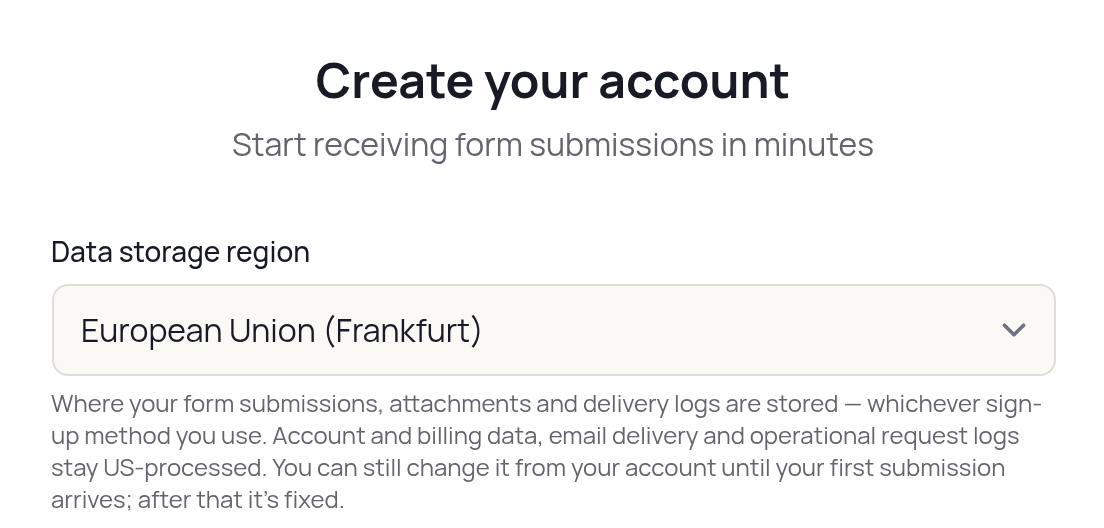 The signup form with European Union (Frankfurt) selected as the data storage region.