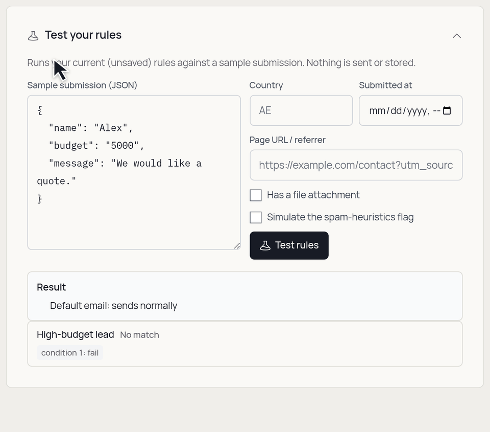 Testing a high-budget lead rule: changing the sample budget from 5,000 to 15,000 makes the rule match and sets the email subject.