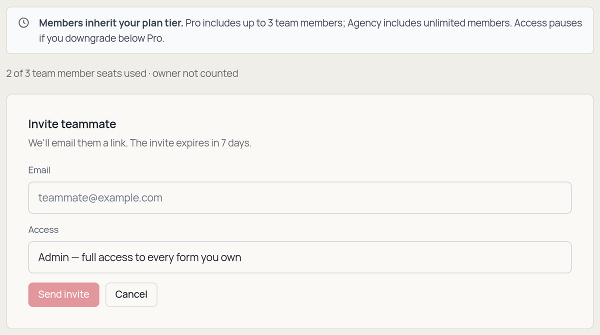 The Pro team screen shows a three-member allowance and the invitation form with an email field and an access selector set to Admin.